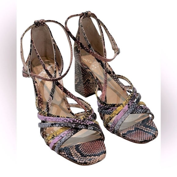 Vince Camuto Snake‎ Print Strappy Sandals with Block Heel - Picture 1 of 11